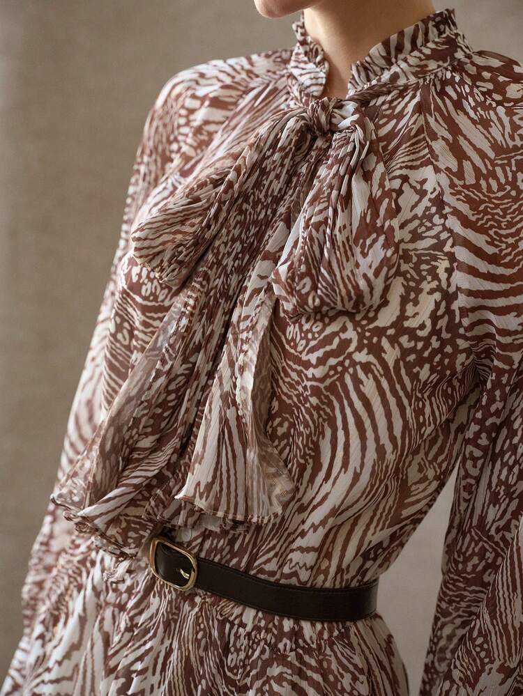 ALLOVER PRINT TIE NECK LANTERN SLEEVE BELTED FLOWY DRESS