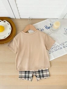 SHEIN Set de tricou și pantaloni scurți cu mânecă scurtă, casual, de vară pentru bebeluși și fetițe, cu imprimeu de ursuleți, stil carouri, casual - Multicolor - Vizualizare 2