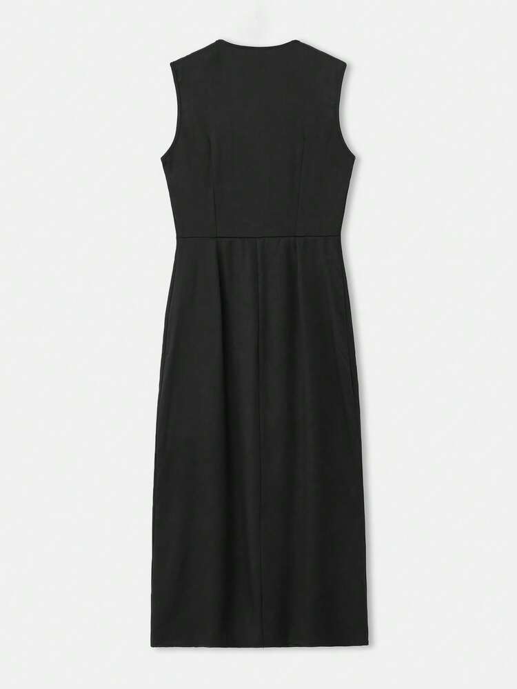 Tailored Black Maxi Dress With Deep Lapel Collar, Fitted Bodice And Button Front Detail Spring Women Clothes Spring Dress Black Elegant Dress Women Going Out Top French Style Parisian Style