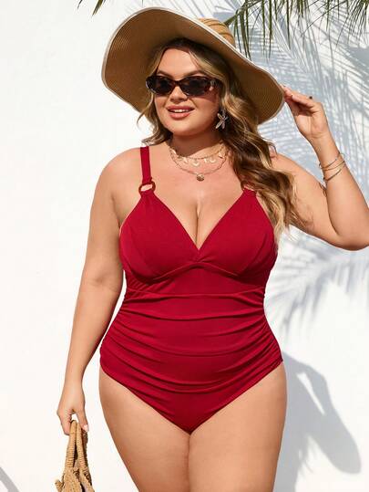 SHEIN CURVE+ Plus Size Women's Solid Color Ruched One-Piece Swimsuit, Suitable For Summer Vacation