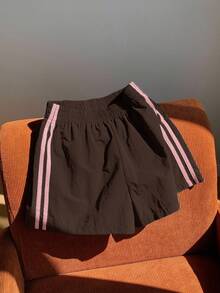 Comfortcana Women's Elastic Waist Brown Striped Shorts,Summer Athleisure Gym Casual Sports Loose Contrast Pink Side Stripe Versatile Daily Street Wear Cargo - Brown - View 6