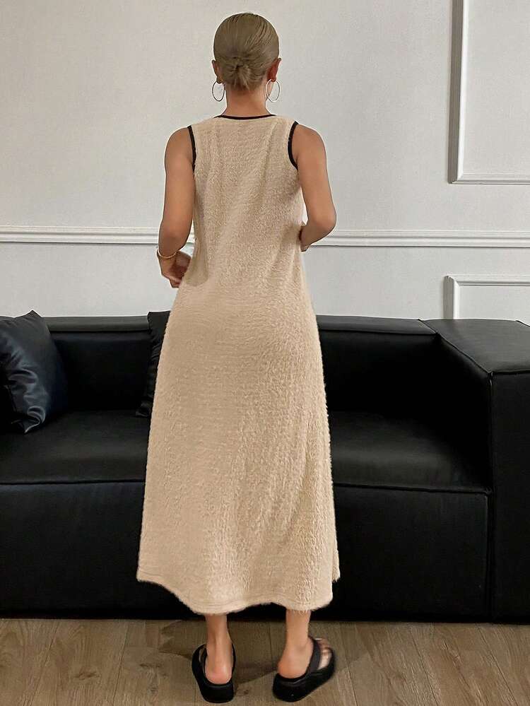 Elegant Colorblock Bow Decor V-Neck Plush Knit Fabric Long Women Nightgown