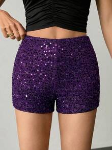 SHEIN Tall Sequin Embellished Slim Fit Shorts, Suitable For Party And Commute Bling Shorts Sequin Shorts Purple Shorts Sparkly Shorts Glitter Shorts High Waisted Shorts Purple Sequin Shorts Women's Sequin Shorts - Purple - View 4