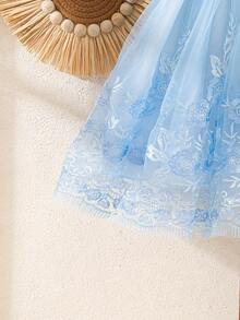 SHEIN Elladie kids 女童立领短袖刺绣花卉优雅夏季连衣裙 - 藍色 - 查看 11