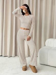 SHEIN PETITE Bộ đồ nữ thường ngày kẻ sọc gồm áo dài tay và quần dài (2 món). - Màu be - Xem 7