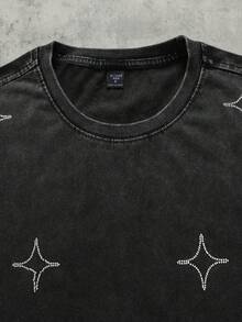ROMWE MEN Street Life Kaos Pria Gaya Jalanan dengan Hiasan Bintang dan Rhinestone, Kasual, Kerah Bulat, Lengan Pendek - Hitam - View 4