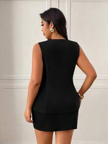 Femmeverse Gold Button Accent Chocolate Brown Custom Camisole And Mini Skirt Set - Black - View 2