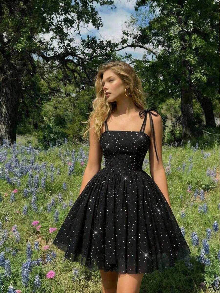 SHEIN MOD 女士黑色亮面网纱蓬蓬迷你连衣裙，适合春夏、派对、婚礼宾客、毕业典礼、约会、音乐节、波西米亚风、Y2K风格。 - 黑色 - 查看 1