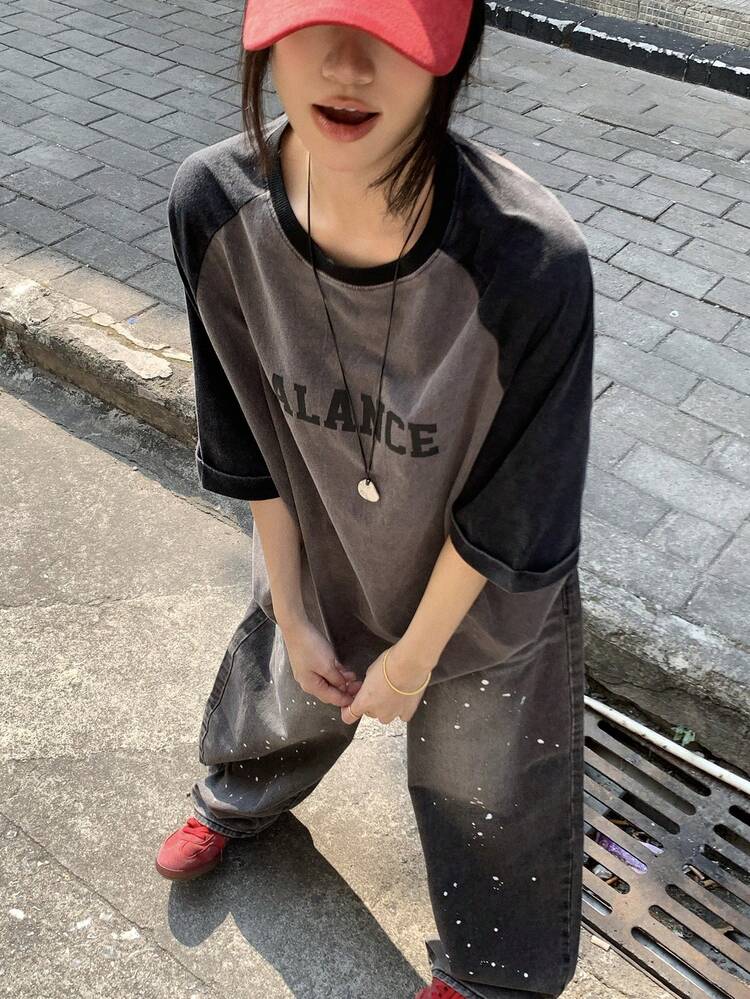 Women's Round Neck Contrast Color Loose T-Shirt With Streetwear Vibe Graphic Tees Women