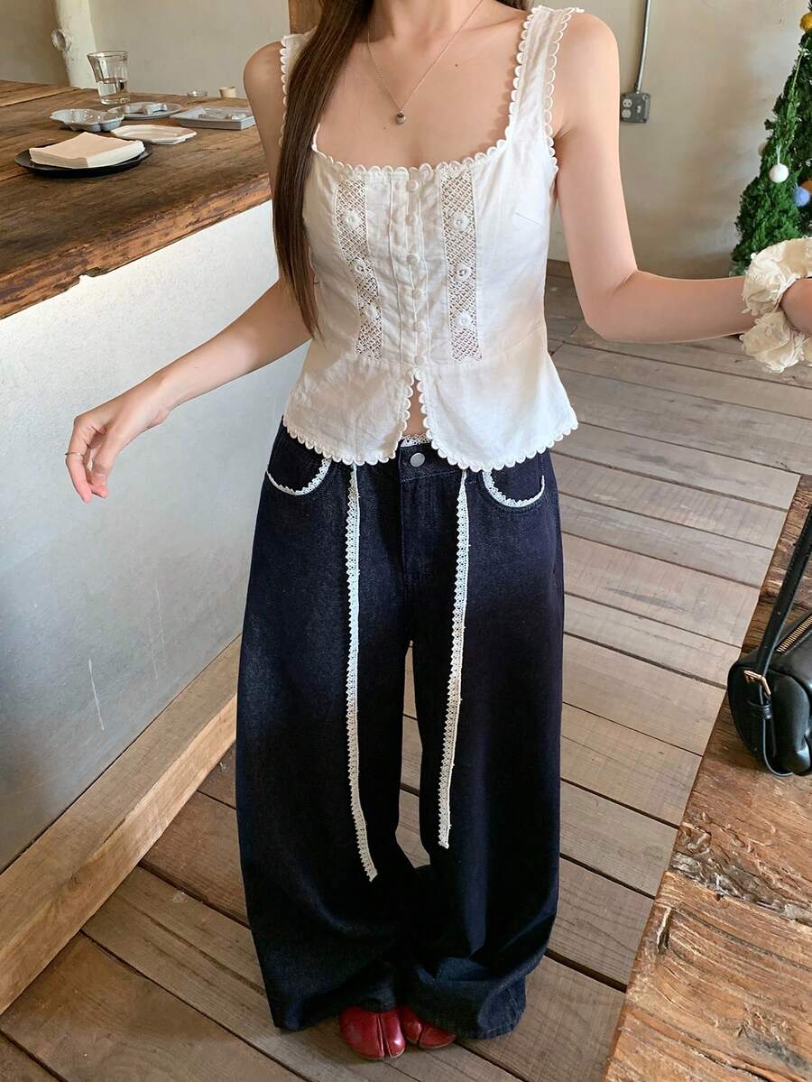 DAZY Jeans de pierna ancha con ribete de encaje para uso casual y de oficina para mujeres - Azul - Ver 1