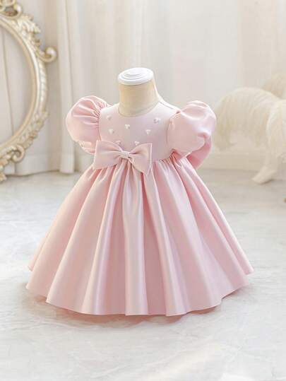 Glamorique Kids Champagne Gold High-End Satin Petal Sleeve Short Sleeve High Waist Doll Dress With Bow Decor, Full Skirt, Elegant Children's Princess Dress, Handmade Beaded Baby Birthday Party Wedding Guest Dress
