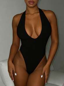 INAWLY Bộ đồ liền thân hở lưng màu đen cổ chữ V sâu cho nữ, kỳ nghỉ thường ngày - màu đen - Xem 3