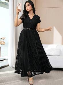 Feyla Vestido elegante de manga corta con cuello en V de unicolor y parches de encaje para tallas grandes - Negro - Ver 6