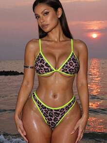Slaydiva 时尚黑色豹纹比基尼套装，撞色肩带，性感女士夏季泳装 - 彩色 - 查看 5