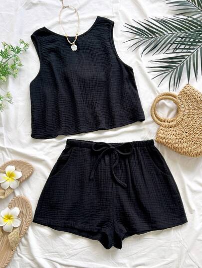 Soleia Women's Vacation Casual Loose Backless Tie Textured Fabric A-Line Tank Top, Elastic Waist Casual Shorts With Pockets, Beach & Seaside