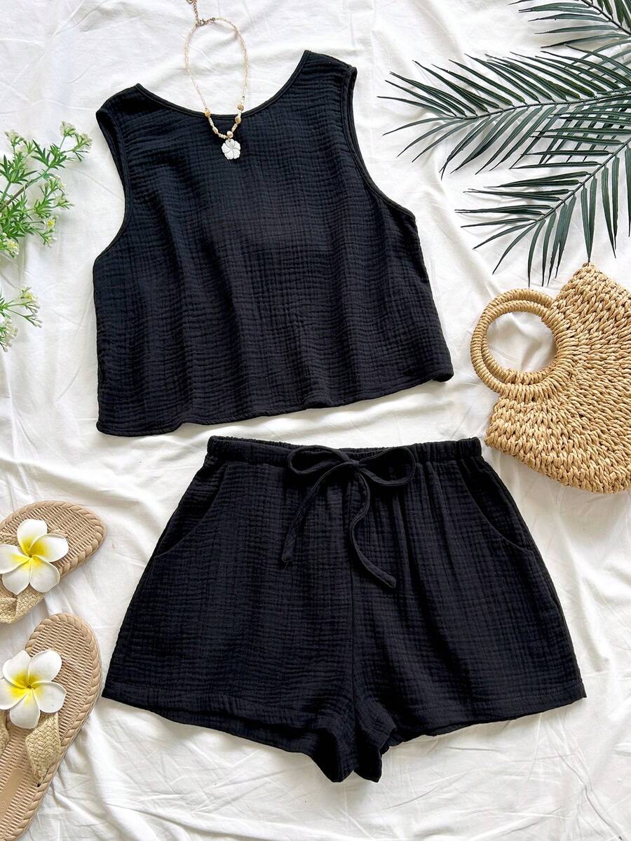 SHEIN WYWH 女士度假休闲宽松露背系带纹理面料A字吊带背心，弹性腰带休闲短裤带口袋，沙滩和海边 - 黑色 - 查看 1