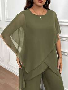 Reflora Plus Size Summer Elegant Solid Color Asymmetric Hem Top And Pants 2 Pieces Set - Army Green - View 3
