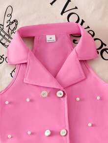 女童粉色翻领无袖露脐背心和百褶迷你裙套装，时尚优雅的儿童夏季服装 - 玫紅色 - 查看 3