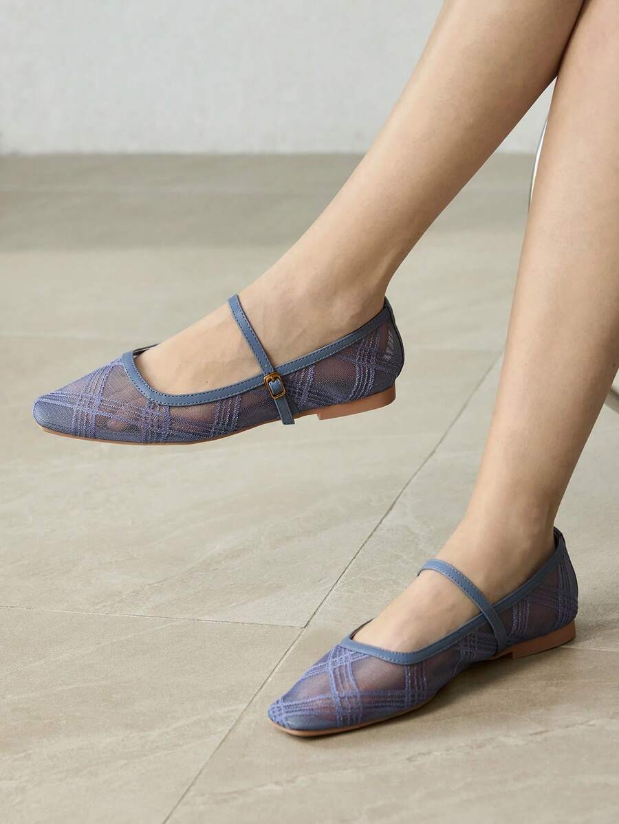 MOTF WOMEN'S CONTRAST MESH PLAID FLAT SHOES - Blue - View 1