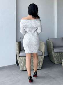 Vassilux 灰色露肩高领长袖迷你毛衣裙，上衣宽松下装紧身，适合年轻女士，秋冬 - 灰色 - 查看 3