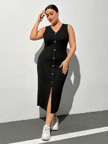 SHEIN Essnce Plus-Size Women's Black Summer Casual Everyday V-Neck Button-Decorated Slim Midi Dress,Sleeveless Stretchy Bodycon Curve Outfits,Simple Style European - Black - View 6