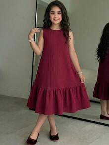 SHEIN Tween Girl Elegant Ruffle Hem Sleeveless Round Neck Dress - Burgundy - View 2