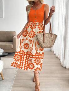 Breezaya Women's Vacation Style Printed Patchwork Sleeveless Bodycon Dress Orange Vacation Dress Orange Beach Dress Orange Summer Dress Orange Sundress Women Dresses Orange - Orange - View 4