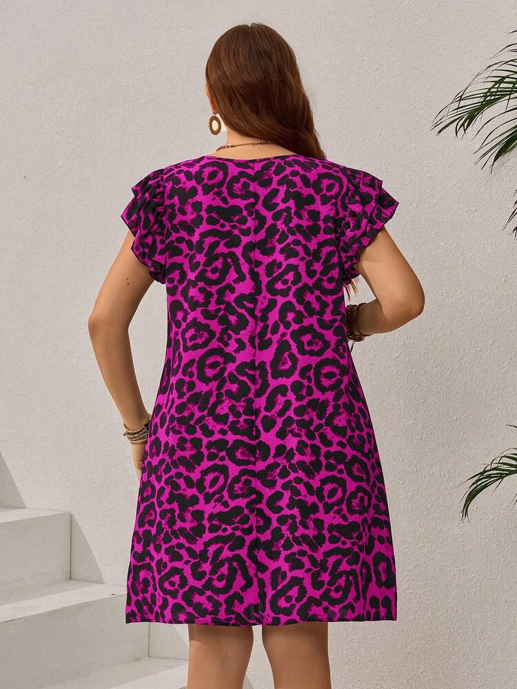 Plus Size Leopard Print Ruffled Hem Casual Vacation Dress,Vacation Outfits Woman,Summer Clothes Cheetah Print Dress For Women Ruffle Sleeve Dress Leopard Print Dress, Summer Dresses Cheetah Dress For Women Women Vacation Dress Butterfly Sleeve Dress Animal Print Dress