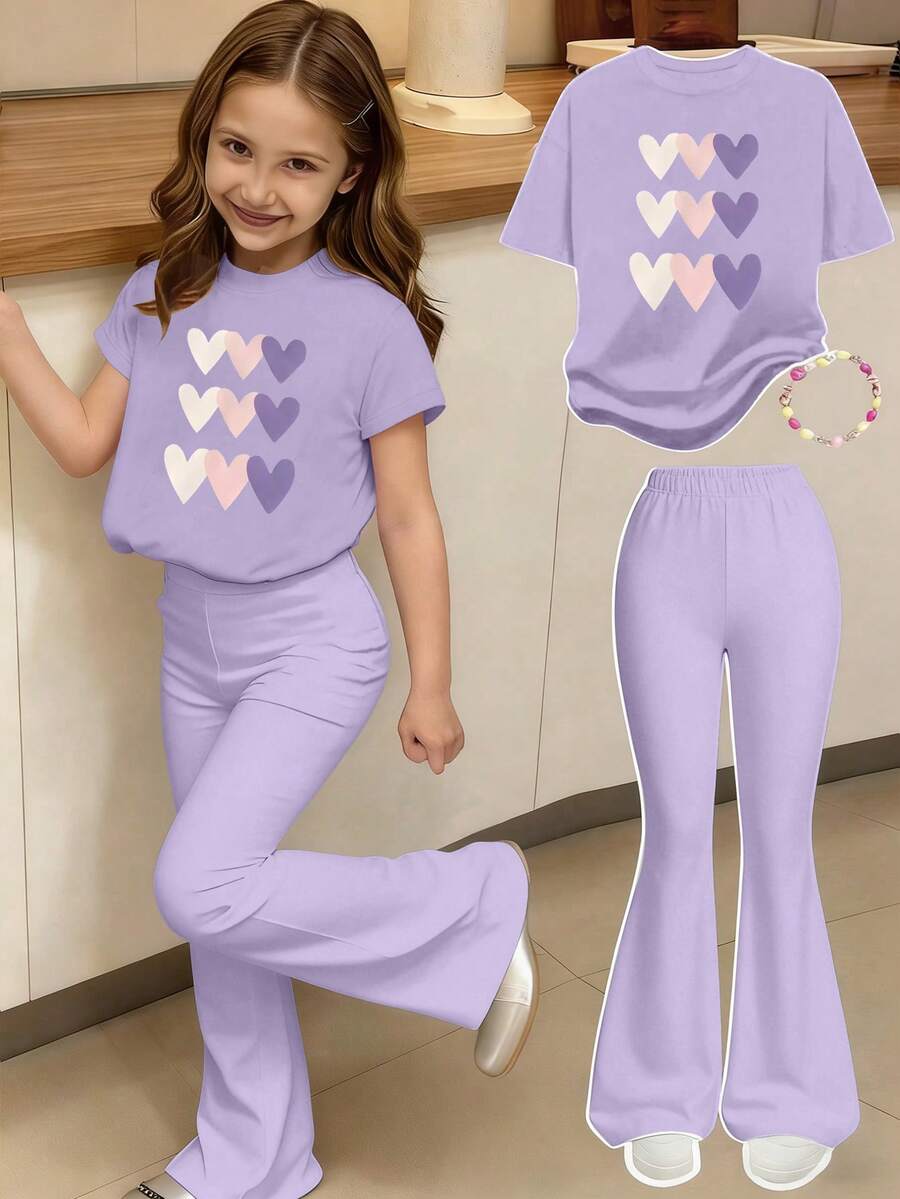 SHEIN 2pcs/Set Baju Anak Perempuan Ungu & Celana Lebar, Motif Hati, Gaya Putri yang Imut, Nyaman untuk Musim Semi, Musim Panas, Musim Gugur, Musim Dingin - MultiWarna - View 1