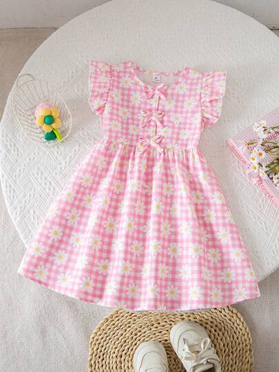 Girls' Sweet Daisy Print Dress - Pink Plaid Ruffle Sleeve Summer