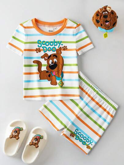 SCOOBY-DOO X SHEIN Pijama de ajuste ceñido con cuello redondo y manga corta con estampado minimalista para niños pequeños