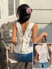 Serisse Áo tank top không tay hở lưng màu trơn dành cho nữ, có nơ rỗng. - Màu be - Xem 1