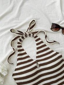 Teen Girls Casual Vacation Back-To-School Western Beach Boho Tropical Elegant Strapless Cold-Shoulder Backless Halter Striped Mini Dress, Suitable For Wedding Guest, Graduation, Brunch, St. Patrick's Day, Spring Break, Easter, Music Festival - Multicolor - View 6