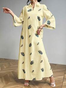 Al Najma Vestido largo casual con cuello y bordado de ojales - Amarillo - Ver 6