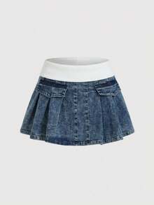 Sweetra Minifalda de mezclilla plisada y versátil de moda casual para mujer - Azul lavado oscuro - Ver 5