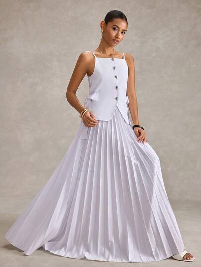 RueChic Women, Spring Summer, Set, White Pleated Maxi Skirt, Pleated A-Line Skirt, White Pleated Skirt Set, High-Waist Pleated Maxi, Pleated Skirt With Corset Top, Button-Front Crop Camisole, Spaghetti Strap Corset Top, Side-Tie Crop Top, Bridal Two Pieces Set, Minimalist Wedding Separates, Modern Bridal Co-Ord,