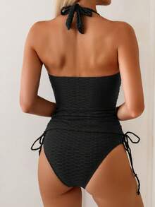 SHEIN Swim 女士夏季度假休闲沙滩装纯色露背露脐上衣和三角泳裤连体泳衣套装 - 黑色 - 查看 2