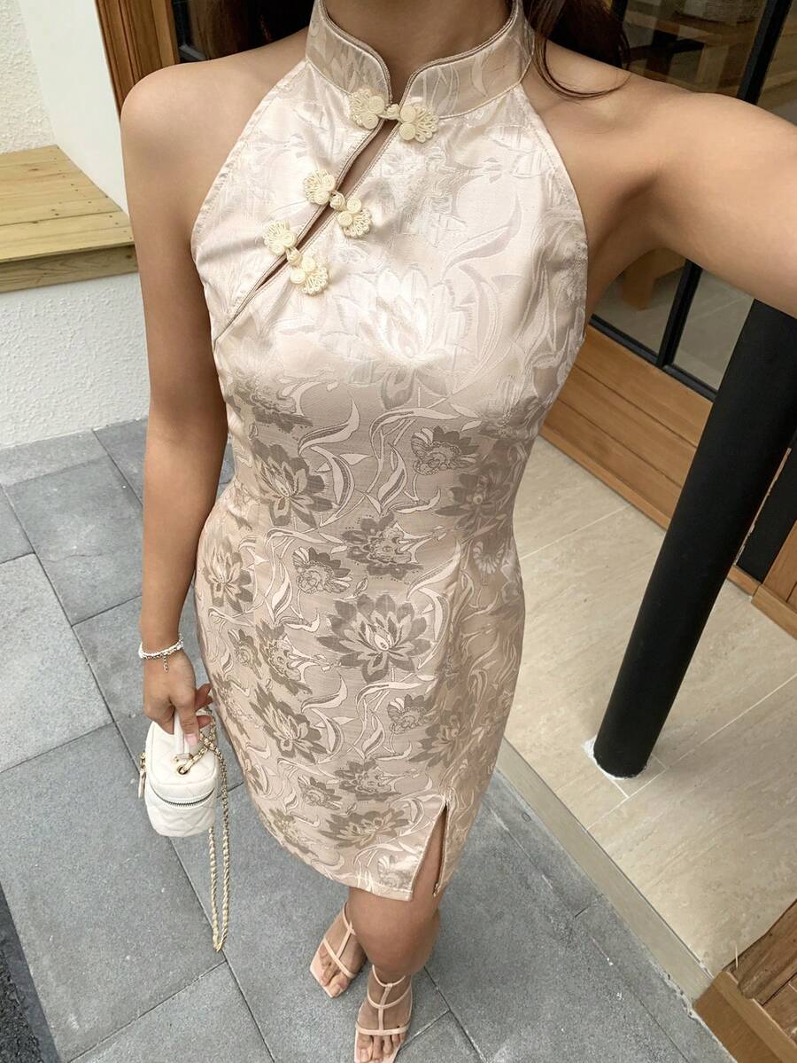 EastFlair Váy sườn xám dệt jacquard dành cho nữ - Hồng - Xem 1