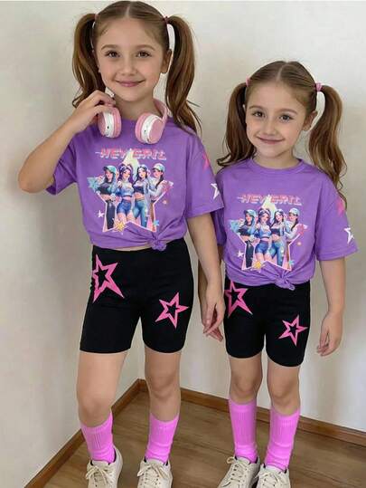 SHEIN Baby Girl Letter & Cartoon Character Print Short Sleeve T-Shirt And Star Print Shorts Set