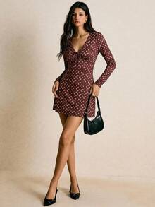 Poéselle Đầm ngắn chấm bi thời trang dành cho nữ, thích hợp đi làm. - màu nâu - Xem 2