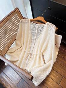 GlowEve CURVE Top lung pentru femei, mărimi mari, din material gros cu decupaj, cu neckline în V, mânecă lungă și decor cu fundă, elegant casual, pentru ieșiri, petreceri și vacanțe - Caisă - Vizualizare 1