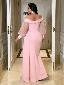 Flirla Vestido de fiesta de talla grande con parches de malla y hombros descubiertos - Rosa - Ver 3