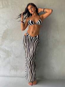 Aloruh 3 Pieces Zebra Print Bikini Set With Wooden Bead Decor,Halter Tie Waist Maxi Skirt,White,Summer,Casual,Party,Vacation,Holiday Beach Outfits For Women - Multicolor - View 4