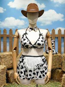 Fantasy Costume Fantasy Costume 3 Peças Conjunto de Lingerie Plus Size com Renda e Estampa de Vaca, Conjunto de Lingerie Feminina com 2 Peças Sexy, Conjunto com Estampa de Vaca, Conjunto com 2 Peças com Estampa de Vaca - Preto e Branco - Visão 3