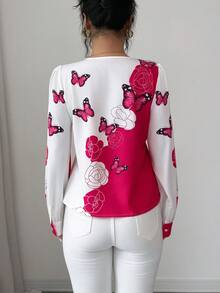 Elenzga 女士蝴蝶图案印花紫红色长袖衬衫，优雅适合春夏假期穿着 - 彩色 - 查看 2