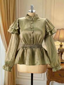 DreamSkyne Blusa de manga larga con cuello con volantes, abotonadura frontal, cintura ceñida y bajo con volantes, estilo elegante francés, apropiada para primavera/otoño, vuelta al colegio, vacaciones, graduación, días festivos, San Valentín, Navidad, festivales de música, Día de la Madre, Halloween, Acción de Gracias, Pascua, Día Nacional, bailes, citas, fiestas, bodas, salidas - Verde - Ver 2