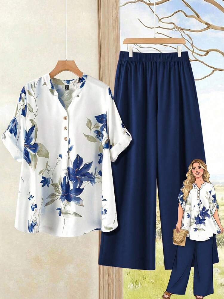 Plus Size Women Summer Fashion Printed Shirt & Pants 2 Pieces Set\Vacation Summer Outfits Summer Clothes  Spring  Spring Outfit Women Spring Clothes Country Style For Women Vacation Outfits Women Women's Summer Two-Piece Sets
