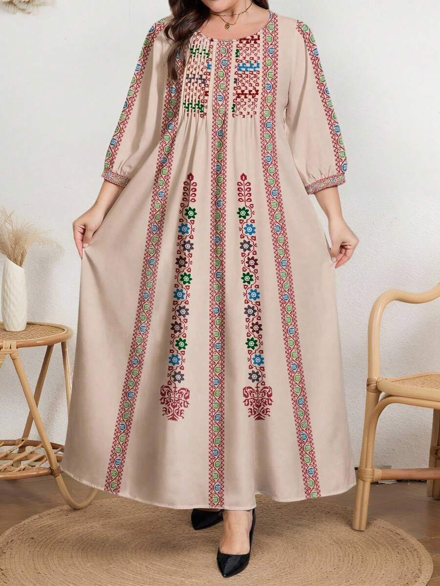 EMERY ROSE Đầm midi xếp ly họa tiết hoa cổ điển dành cho nữ cỡ lớn, cổ tròn, tay dài, dáng rộng, thích hợp cho mùa xuân. - Nhiều màu - Xem 1