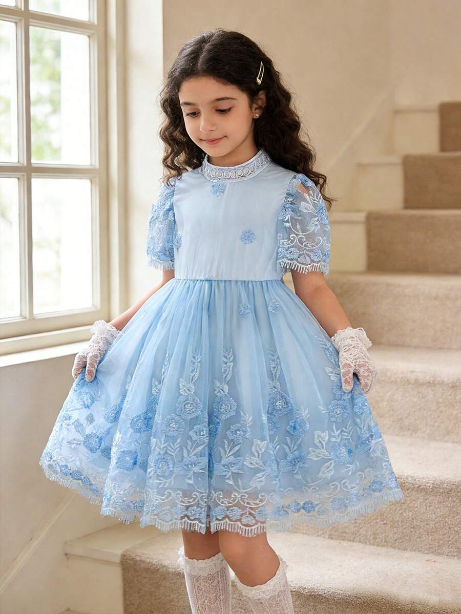 SHEIN Elladie kids 女童立领短袖刺绣花卉优雅夏季连衣裙 - 藍色 - 查看 1