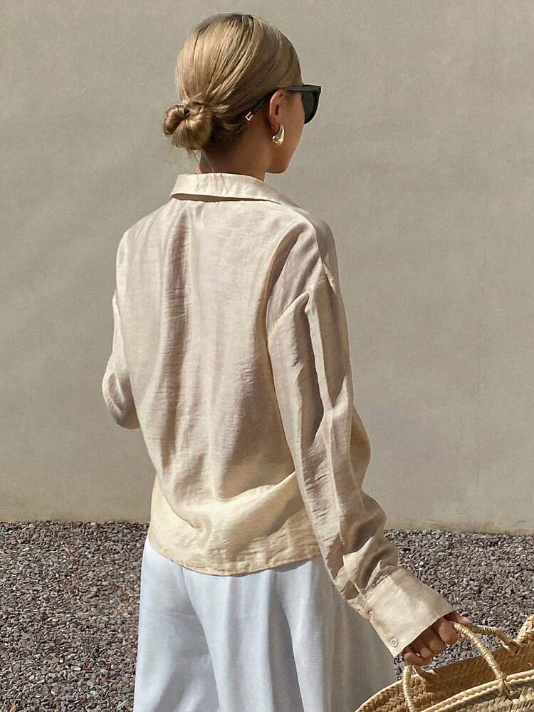 Women's Loose Oblique Collar Tie Front Long Sleeve Elegant Vacation Blouse, Spring/Summer